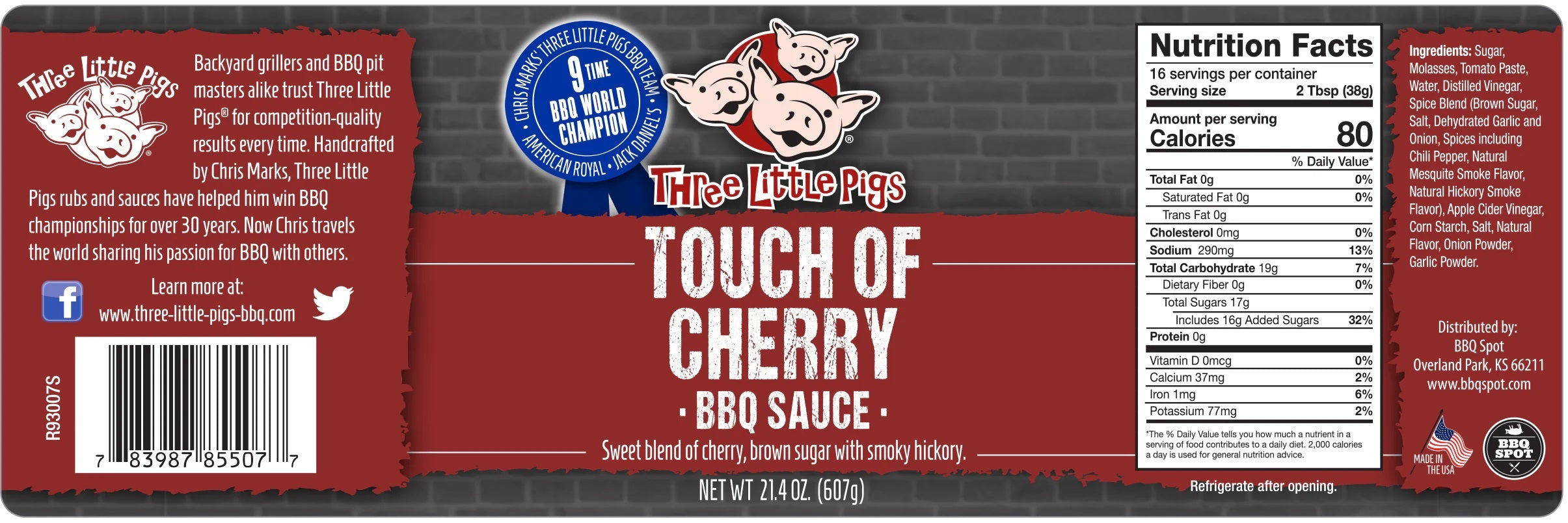 Three Little Pigs BBQ Touch of Cherry BBQ Sauce - 607g (21.4oz)