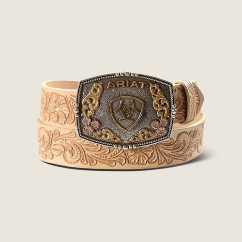 Ariat Womens Floral Emboss Leather Belts with Plate Buckle - Natural